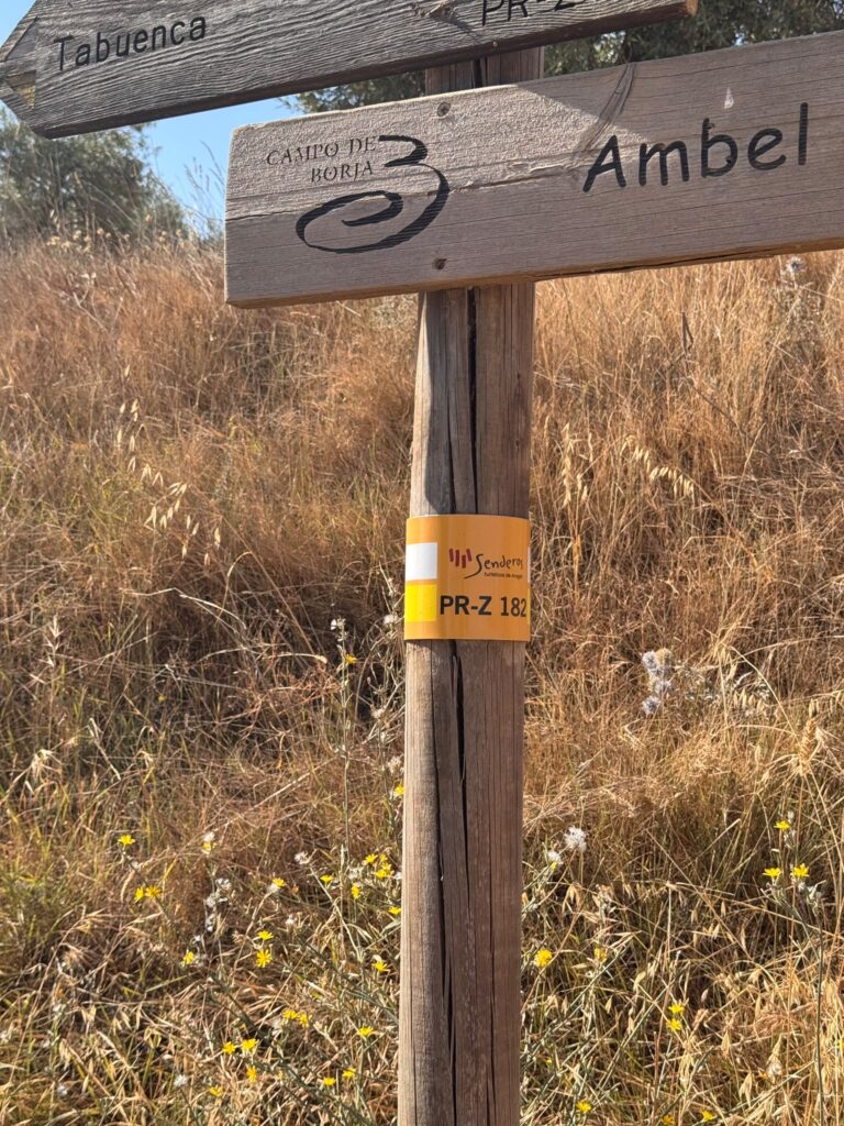 Poste señalizador del sendero PR-Z 182 con el cartel hacia Ambel